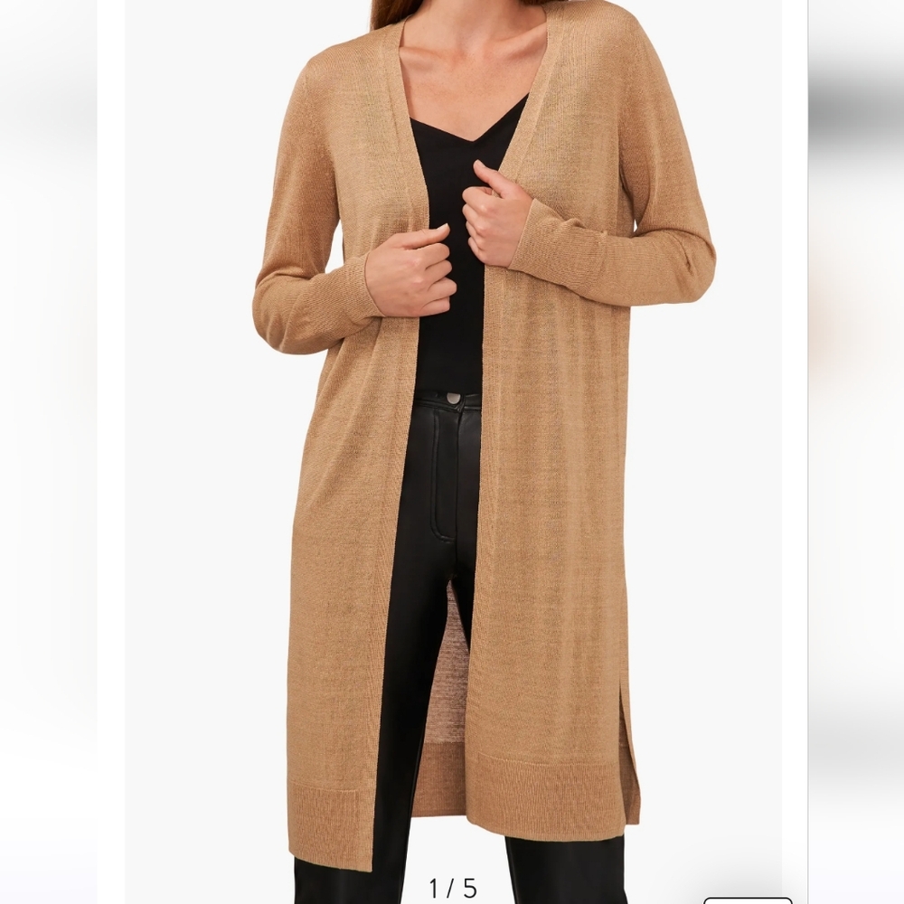 Halogen Split Side Linen Blend Long Cardigan in Light Sand Color